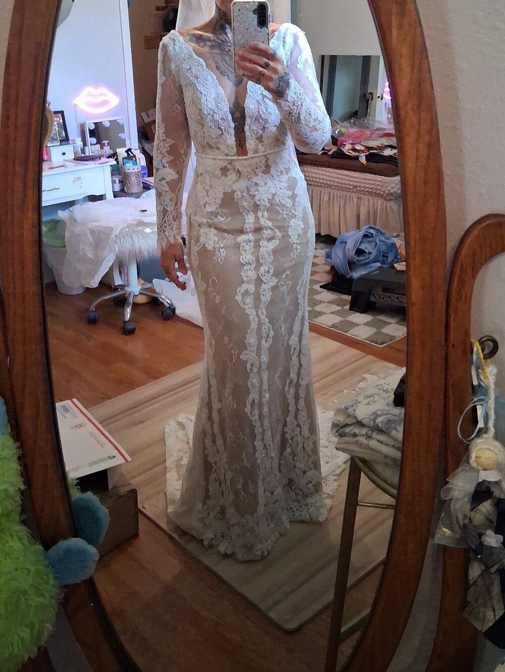 Melissa Sweet Nude Illusion Sheath Gown with Ivory Lace